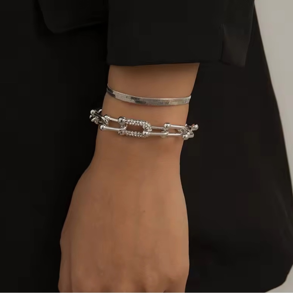 Silver tone Bracelet Set 2 Dainty Bangle